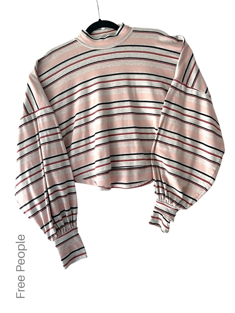 FREE PEOPLE STEPH BALLOON SLEEVE TOP STRIPES HIGH NECK PINK GRAY | XS